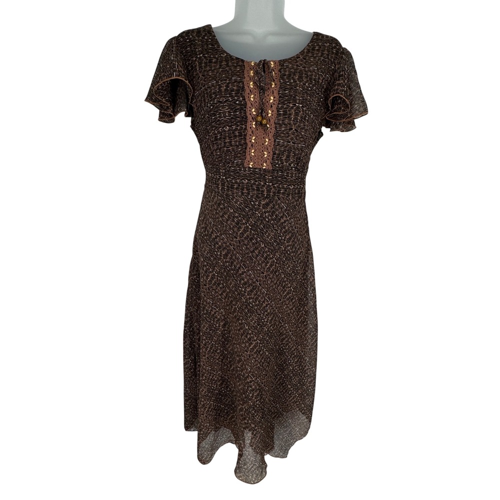 Vintage Brown Animal Print Crochet Lace Bead Handkerchief Hem Midi Dress 6 Boho